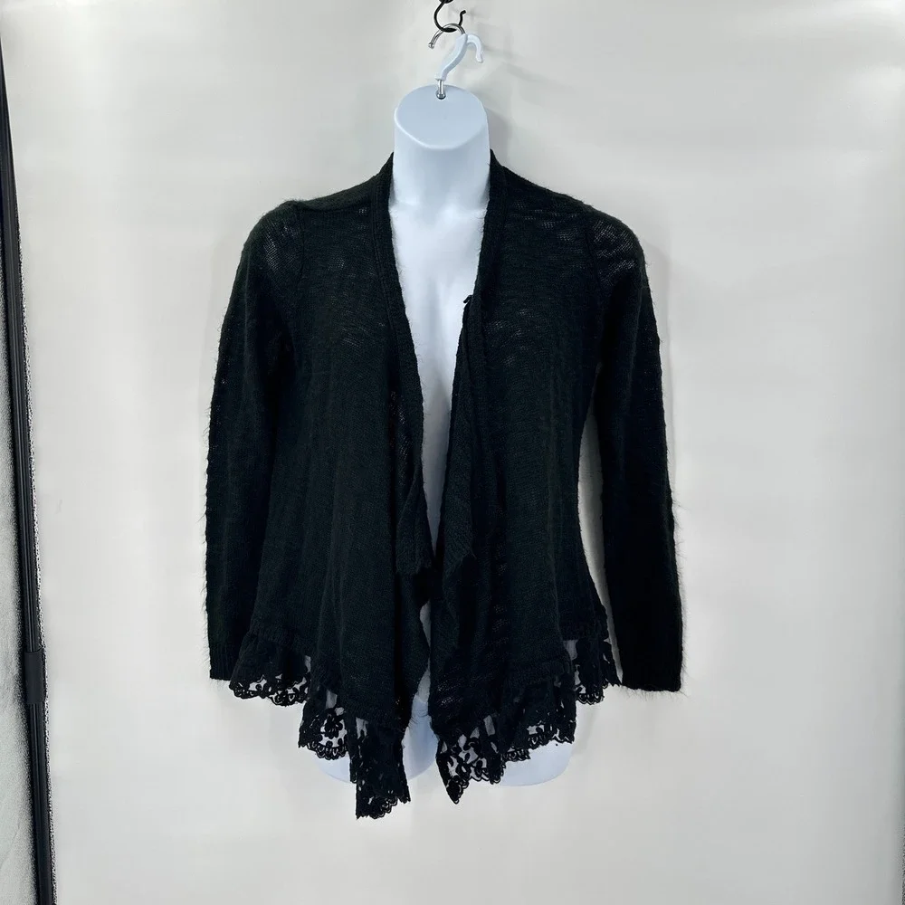 Lace Trim Cardigan Womens XL‎ Black Open Front Boho Romantic Goth Fairy Coquette